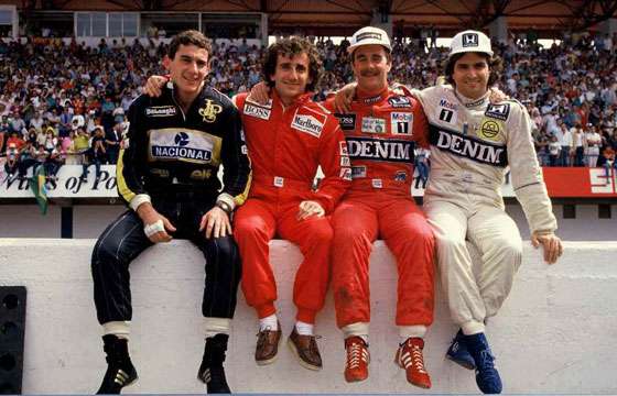 Da esquerda para a direita: Ayrton Senna (BRA, Lotus), Alain Prost (FRA, McLaren), Nigel Mansell (GBR, Williams), Nelson Piquet (BRA, Williams). Formula One World Championship, Grande Prêmio de Portugal, Estoril, 21 de setembro de 1986
